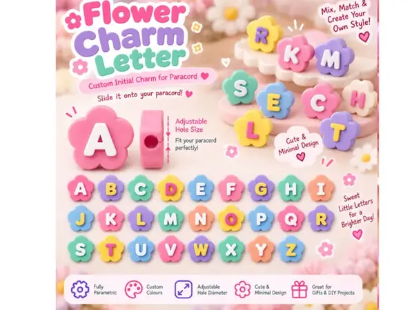 Chunky Paracord Flower Letter Charm Keychain