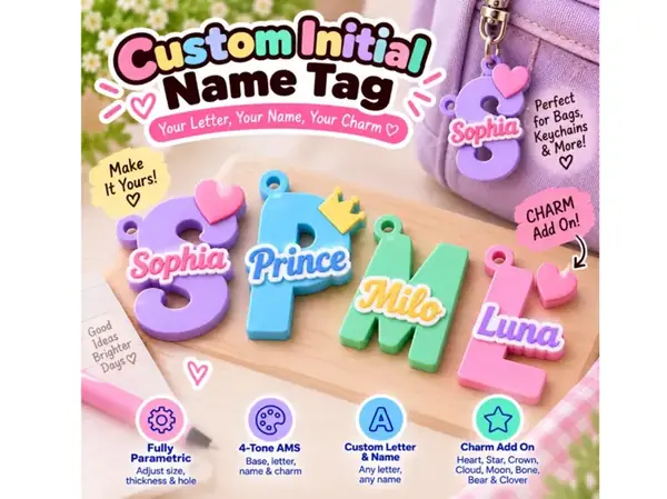 Custom Initial & Name Tag with Charm (4-Color)