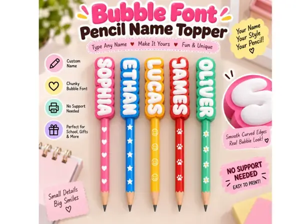 Custom Bubble Font Pencil Name Topper