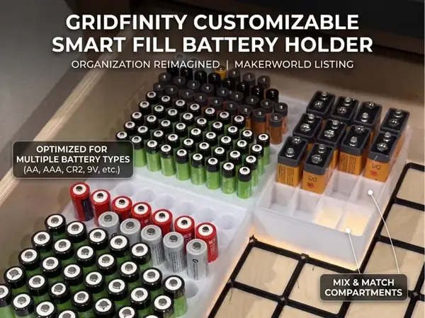 Custom Gridfinity Smart-Fill Battery Holder