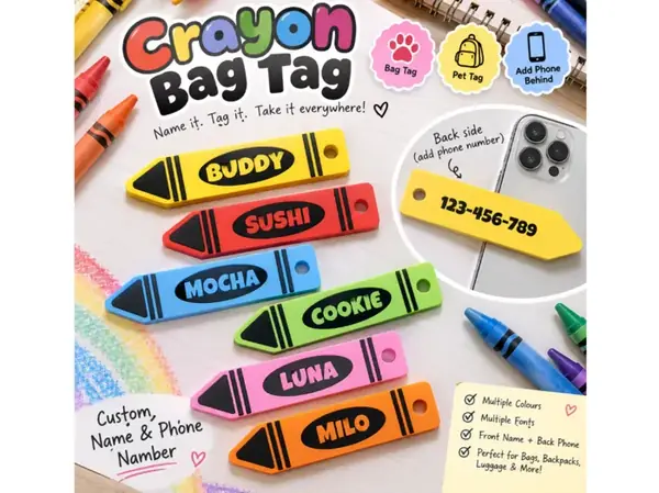 Custom Crayon Kids School Name & Phone Tag